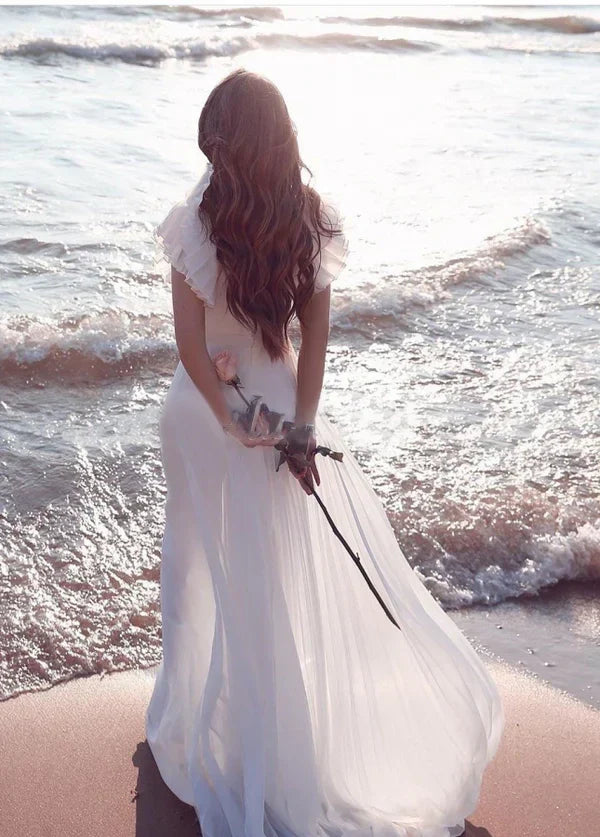 Vestidos de novia de gasa con escote en V y mangas cortas